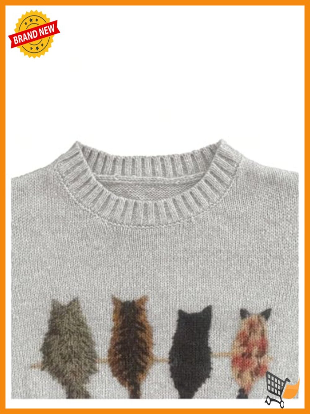 Cat Graphic Sweater Long Sleeve Crew Neck Knit Pullover Top - Picture 3 of 5